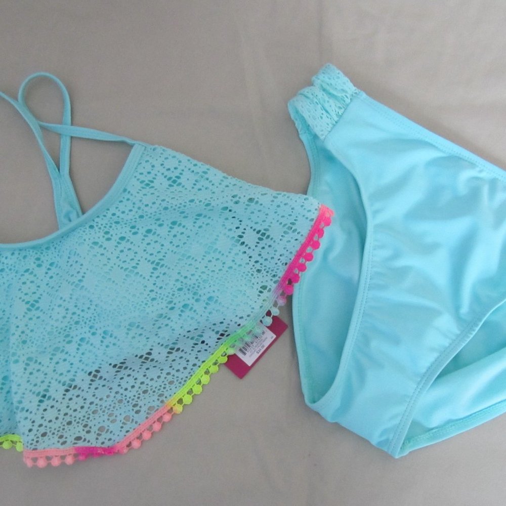 NWT Girl's SO - 2 pc. Swimwear - Size 16 -Aqua/Turquoise Lacy Accents Color Trim
